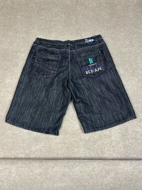 Vintage Y2K Red Ape Blue Denim Embroidered Hip Hop Baggy Shorts Size 40x15